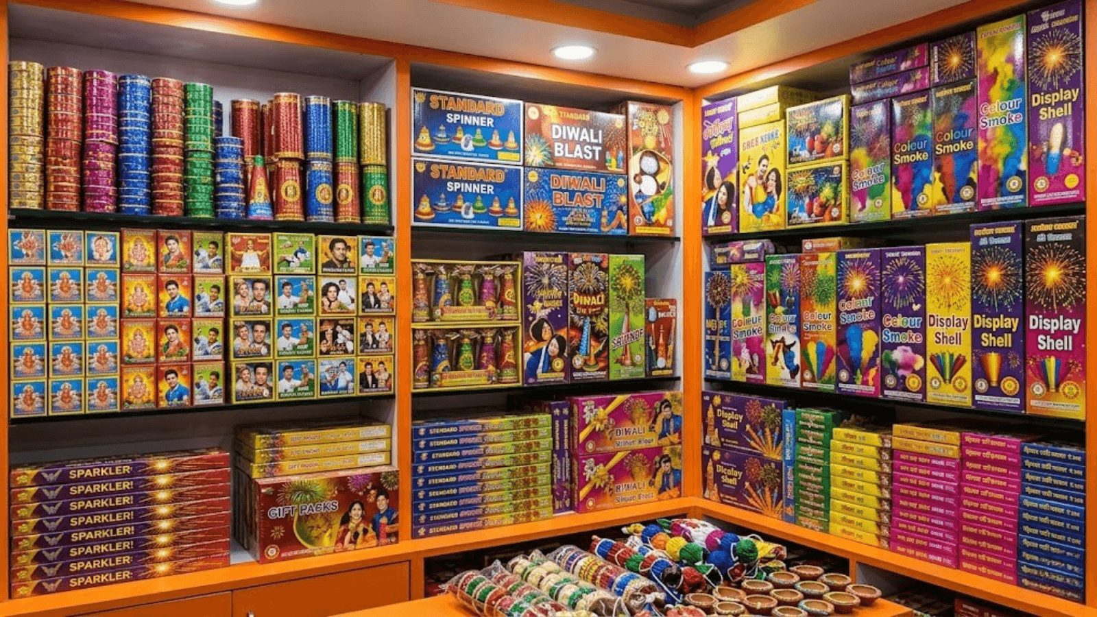 Wholesale Sivakasi Crackers warehouse — assorted fireworks boxes